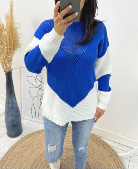 PULLOVER BI-COLORE AJOURE AH210 BLEU ROYAL