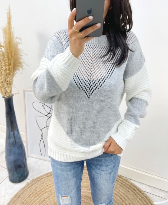 PULLOVER BI-COLORE AJOURE AH210 GRIS