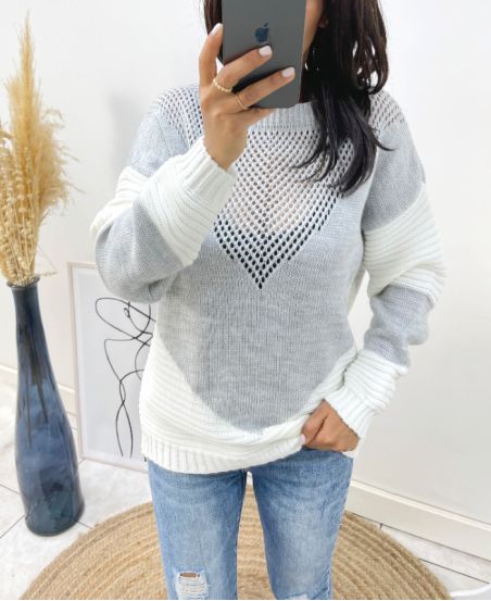 PULLOVER BI-COLORE AJOURE AH210 GRIS