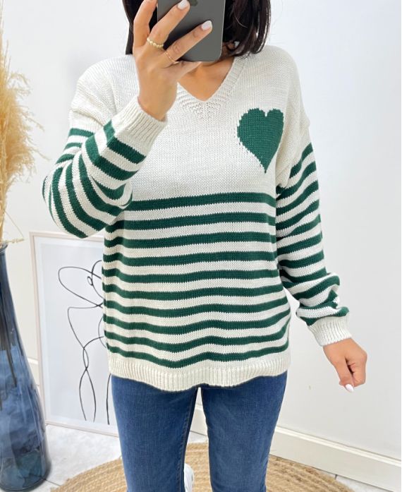 PULLOVER STRIPE HEART AH271 EMERALD GREEN