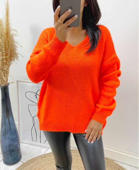 PULLOVER GROSSE MAILLE DOUX COL V AH334 ORANGE