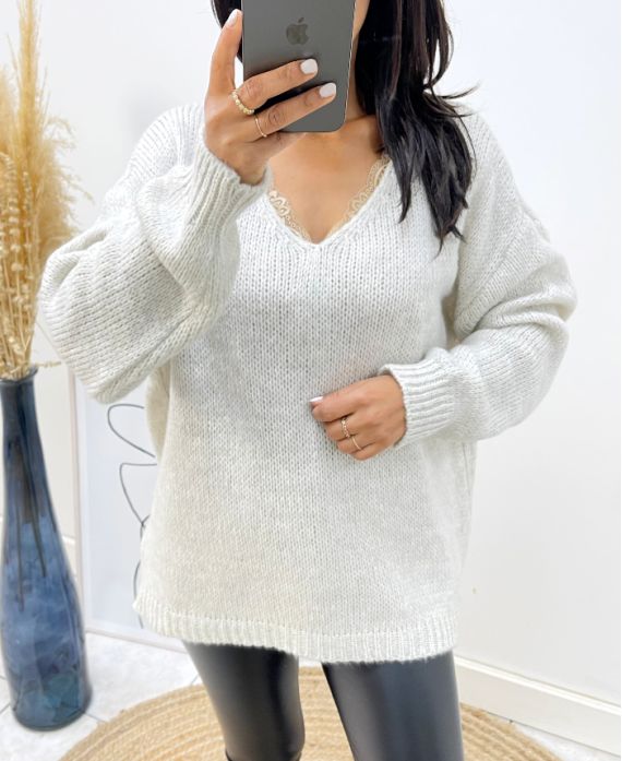 SWETER BIG MESH SOFT V-NECK AH334 BEŻOWY