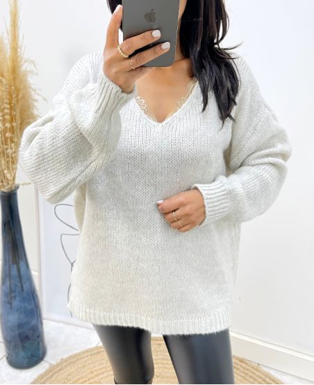 SWETER BIG MESH SOFT V-NECK AH334 BEŻOWY