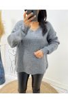 PULLOVER GROSSE MAILLE DOUX COL V AH334 GRIS