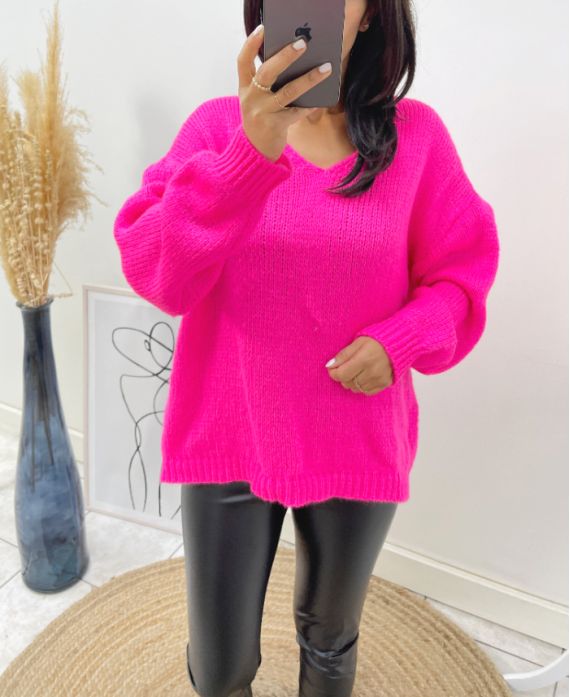 PULLOVER AUS GROSSEM MESH MIT WEICHEM V-AUSSCHNITT AH334 FUSHIA