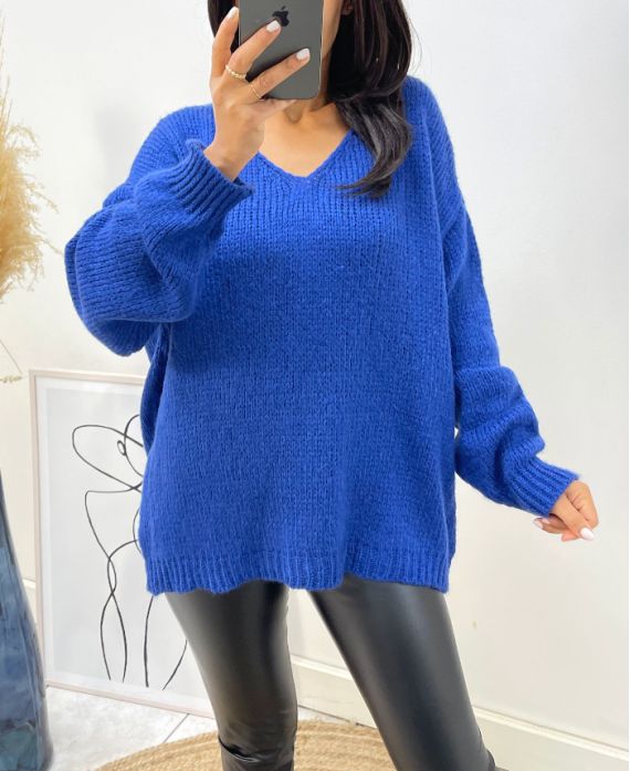 PULLOVER GROSSE MAILLE DOUX COL V AH334 BLEU ROYAL