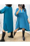 ROBE TUNIQUE OVERSIZE DOS PLISSE AH368 BLEU PETROLE