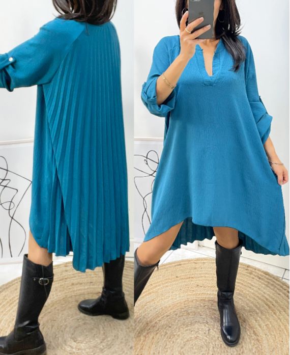 VESTIDO TÚNICA OVERSIZE ESPALDA PLISADA AH368 AZUL PETRÓLEO