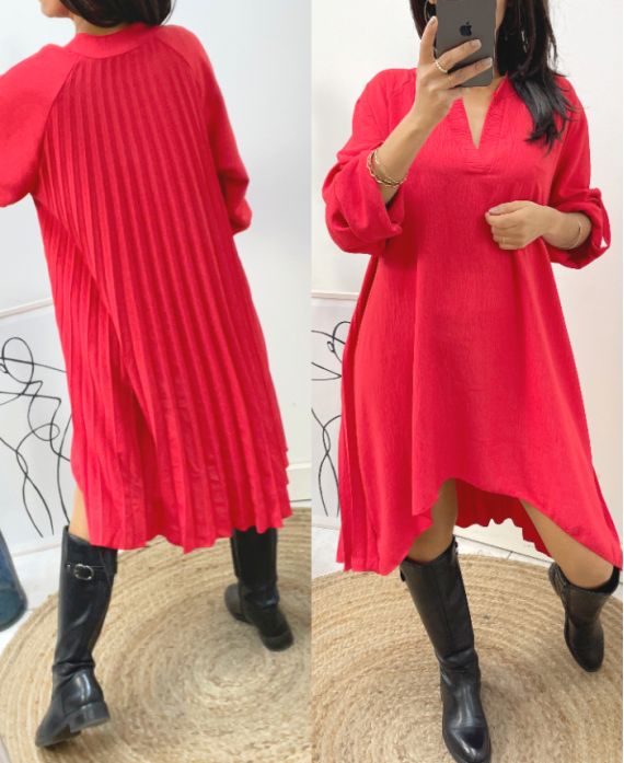 ROBE TUNIQUE OVERSIZE DOS PLISSE AH368 ROUGE