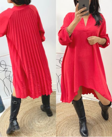 VESTIDO TÚNICA OVERSIZE ESPALDA PLISADA AH368 ROJO