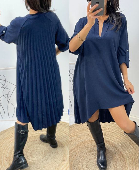 ABITO TUNICA OVERSIZE POSTERIORE PLISSETTATA AH368 BLU NAVY