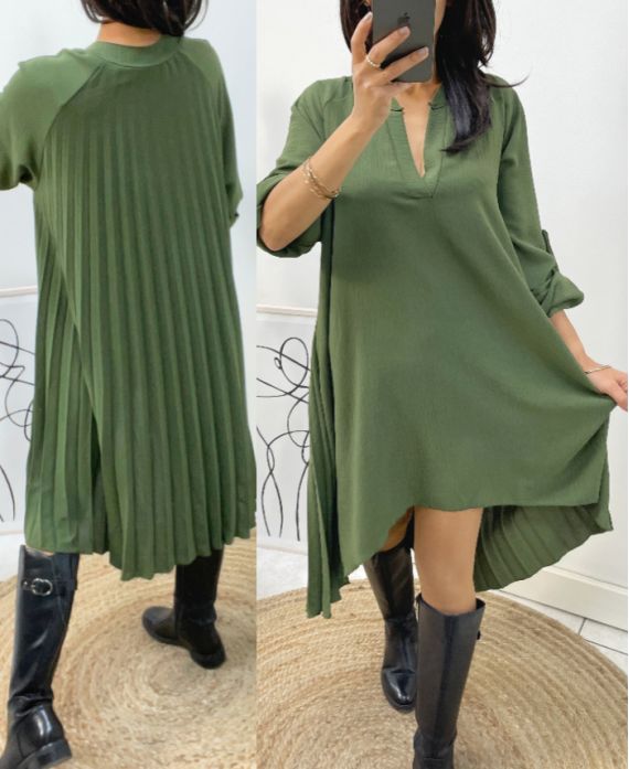 ROBE TUNIQUE OVERSIZE DOS PLISSE AH368 VERT MILITAIRE