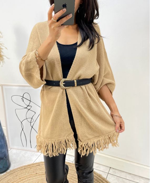 PONCHO WITH FRINGES AH437 CAMEL