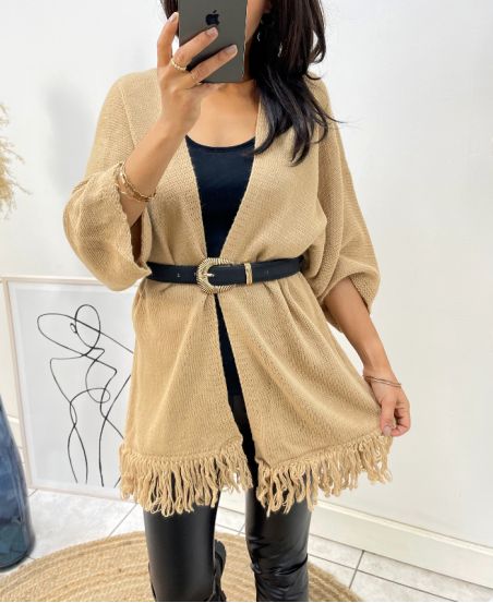 PONCHO CON FLECOS AH437 CAMEL