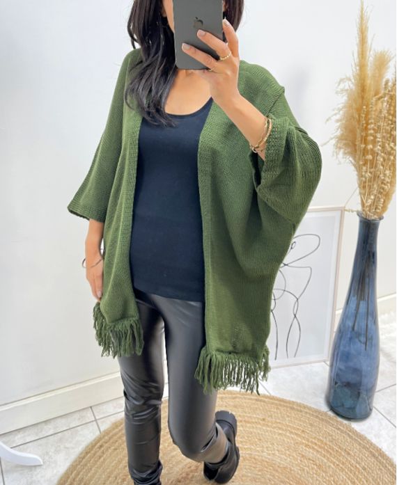 PONCHO WITH FRINGES AH437 KAKI