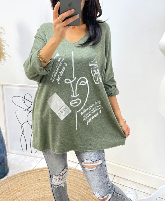 LEKKI SWETER FLOKOWANY NOSIŁ AH387 MILITARY GREEN