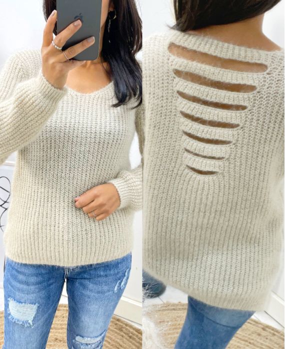 PULLOVER DOUX DOS OUVERT AH153 BEIGE