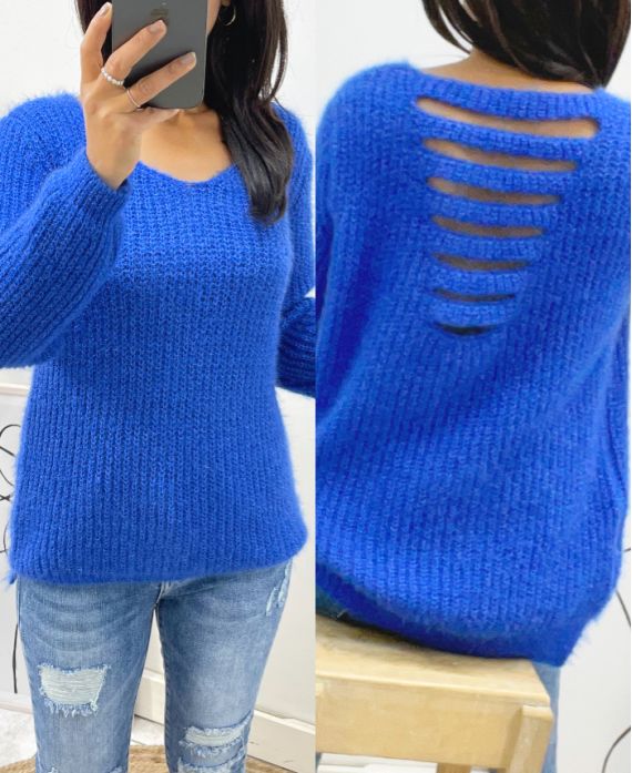 PULLOVER DOUX DOS OUVERT AH153 BLEU ROYAL