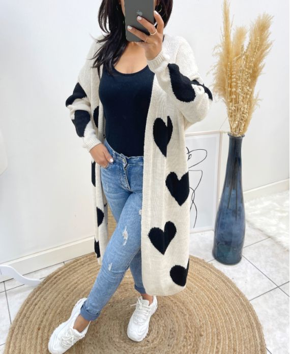 LONG HEART VEST AH440 BEIGE/BLACK