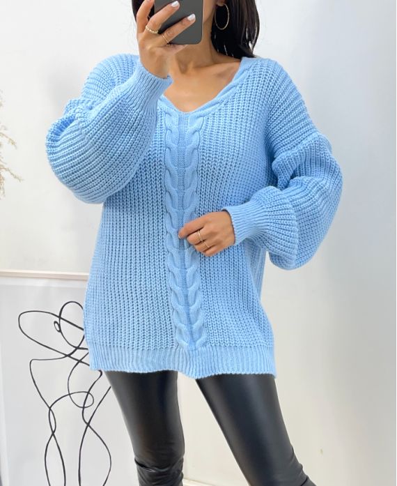 PULLOVER OVERSIZE GROSSE MAILLE TORSADE AH173 BLEU CIEL