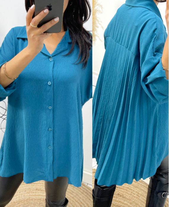 CHEMISE OVERSIZE DOS PLISSEE AH349 BLEU PETROLE