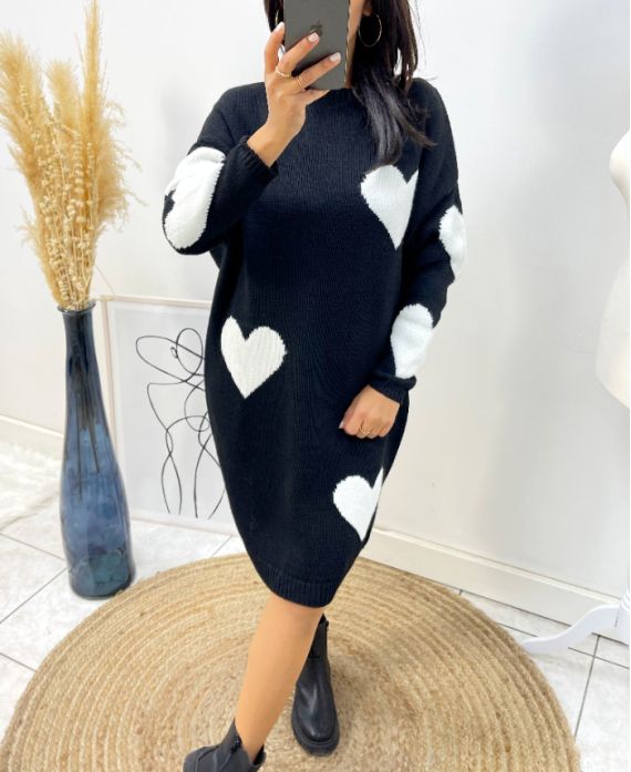 HEART KNIT DRESS AW494 BLACK/WHITE