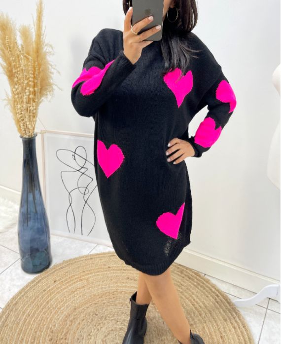 HEART KNIT DRESS AW494 BLACK/FUSHIA