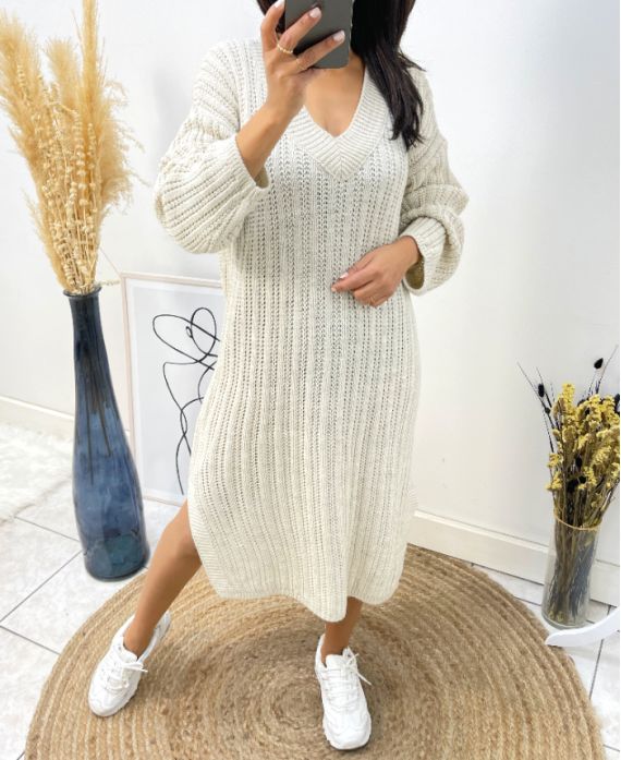 V-NECK KNIT DRESS AH518 BEIGE