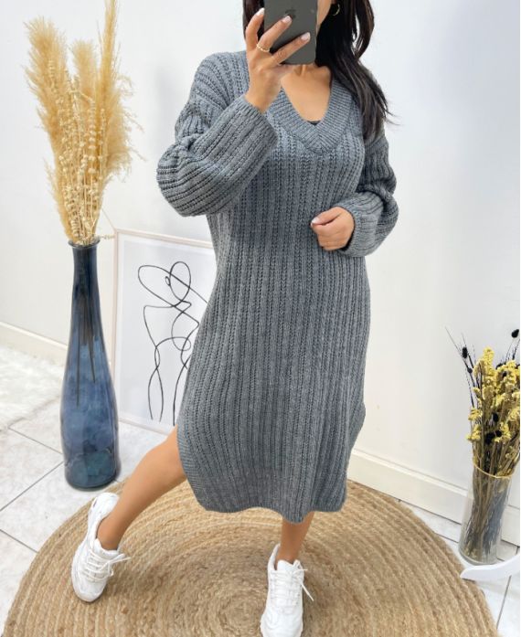 KNIT V-NECK DRESS AH518 GREY