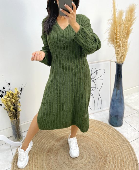 KNIT V-NECK DRESS AH518 KHAKI