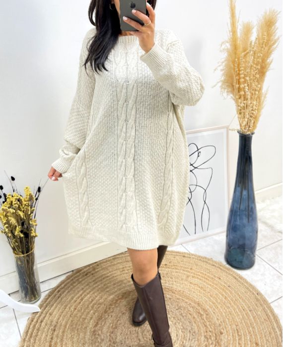 VESTIDO OVERSIZE DE PUNTO TRENZADO AW515 BEIGE