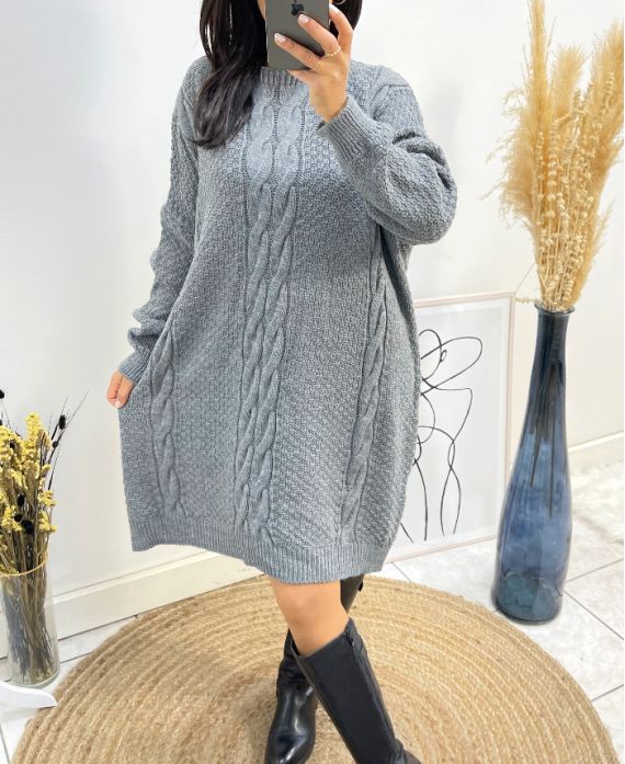 MAXI VESTIDO OVERSIZE DE PUNTO TRENZADO AW515 GRIS