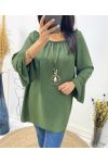 OVERSIZED TUNIC WITH ELASTICATED NECKLINE + FREE NECKLACE AW532 KAKI