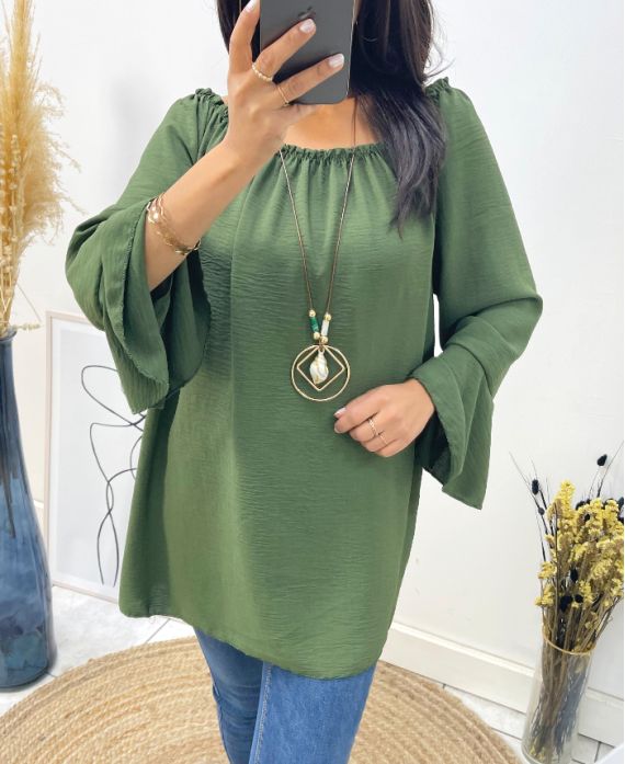 OVERSIZED TUNIC WITH ELASTICATED NECKLINE + FREE NECKLACE AW532 KAKI