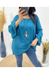 OVERSIZED TUNIC WITH ELASTICATED NECKLINE + FREE NECKLACE AW532 PETROL BLUE