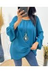 OVERSIZED TUNIC WITH ELASTICATED NECKLINE + FREE NECKLACE AW532 PETROL BLUE