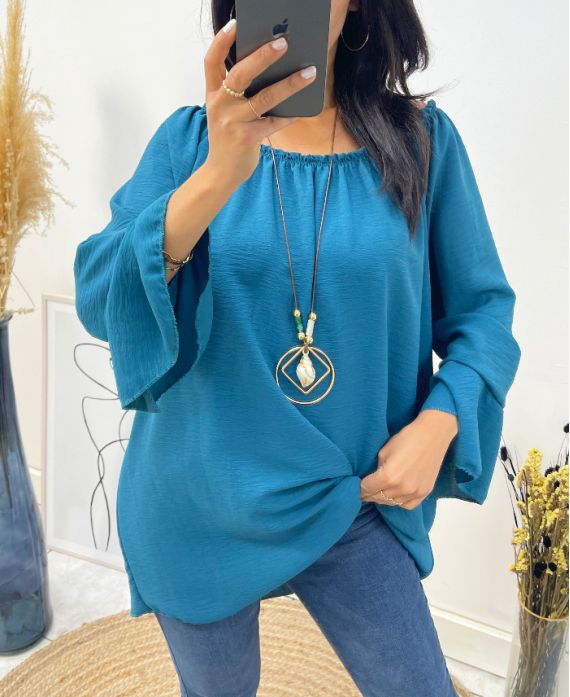 OVERSIZED TUNIEK MET ELASTISCHE HALSLIJN + GRATIS KETTING AW532 PETROL BLUE