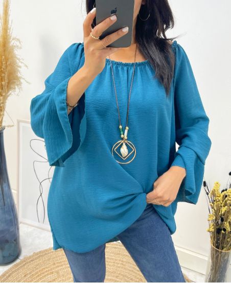 OVERSIZED TUNIC WITH ELASTICATED NECKLINE + FREE NECKLACE AW532 PETROL BLUE