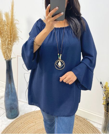 OVERSIZED TUNIC WITH ELASTICATED NECKLINE + NECKLACE FREE AW532 NAVY