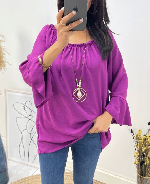 OVERSIZED TUNIC WITH ELASTICATED NECKLINE + FREE NECKLACE AW532 PLUM