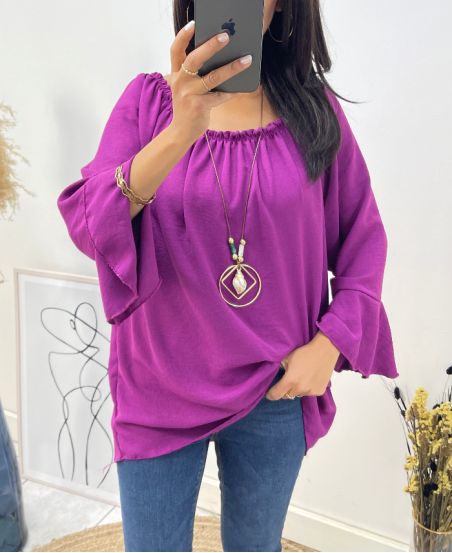 TUNICA OVERSIZE CON SCOLLO ELASTICIZZATO + COLLANA LIBERA AW532 PLUM