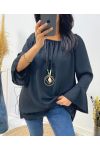 OVERSIZED TUNIC WITH ELASTICATED NECKLINE + FREE NECKLACE FH532 BLACK