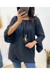 OVERSIZED TUNIC WITH ELASTICATED NECKLINE + FREE NECKLACE FH532 BLACK