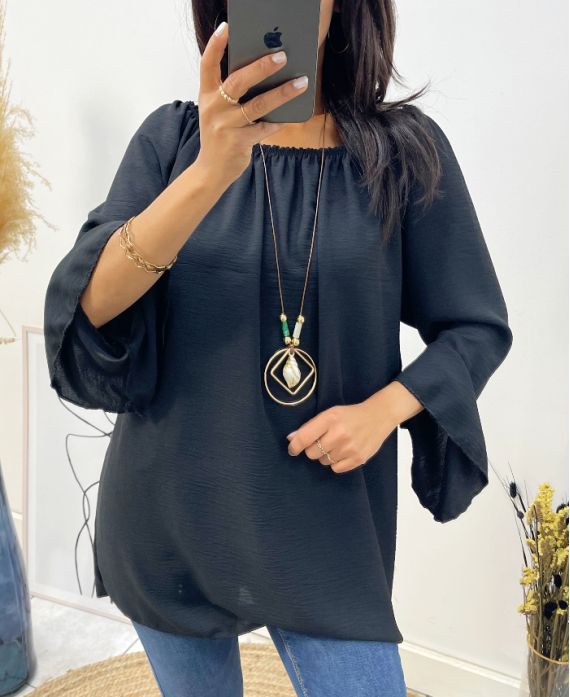 OVERSIZED TUNIC WITH ELASTICATED NECKLINE + FREE NECKLACE FH532 BLACK