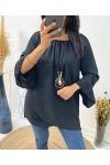 OVERSIZED TUNIC WITH ELASTICATED NECKLINE + FREE NECKLACE FH532 BLACK