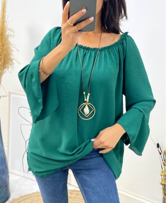 OVERSIZED TUNIC WITH ELASTICATED NECKLINE + FREE NECKLACE AW532 EMERALD GREEN