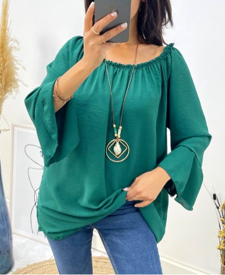 OVERSIZED TUNIC WITH ELASTICATED NECKLINE + FREE NECKLACE AW532 EMERALD GREEN