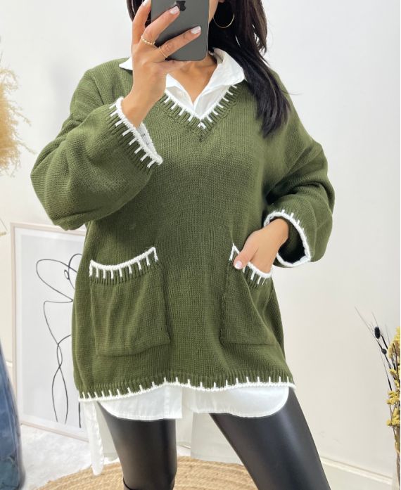 PULLOVER MIT ABGESTEPPTEN V-AUSSCHNITTTASCHEN AH523 KHAKI