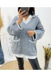 PULLOVER SURPIQURE POCHES COL V AH523 GRIS