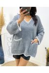 PULLOVER SURPIQURE POCHES COL V AH523 GRIS